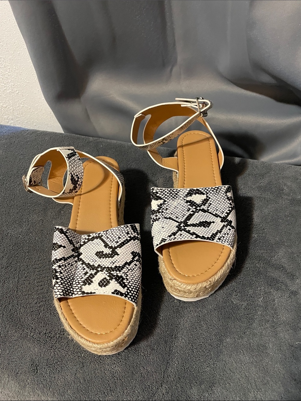 Snake-Print White Espadrille Sandals with Ankle Strap